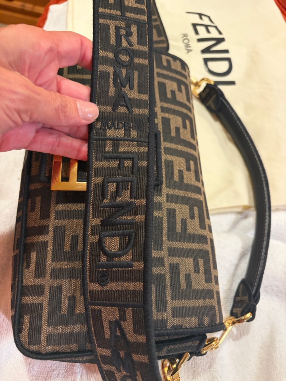 Fendi Brown and Black FF Logo Baguette Shoulder Bag with Gold Hardware - Picture 3 of 13